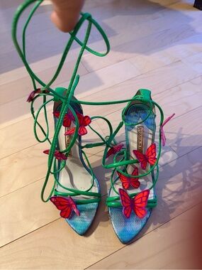 Sophia Webster Green Lace-Up Heels with Red-Orange Butterfly Accents